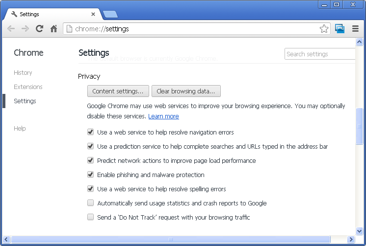 Chrome sekcja prywatności